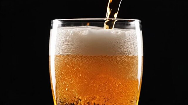 Slow motion beer pouring into a glass at a bar with bubbles rising and foam forming in the evening light