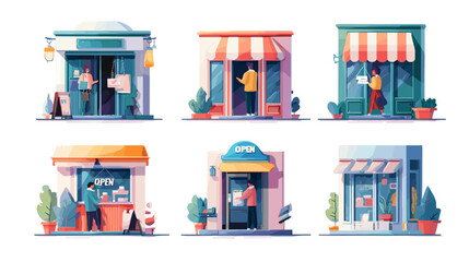 Obraz premium Collection Of Six Diverse Storefronts With People And Plants