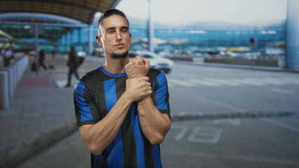 Naklejka premium Handsome hispanic soccer player in blue and black jersey grips wrist with other hand at airport curbside dropoff near parked cars and canopy; determination.
