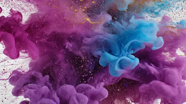 Vibrant ink clouds of blue and purple swirl with golden glitter in water