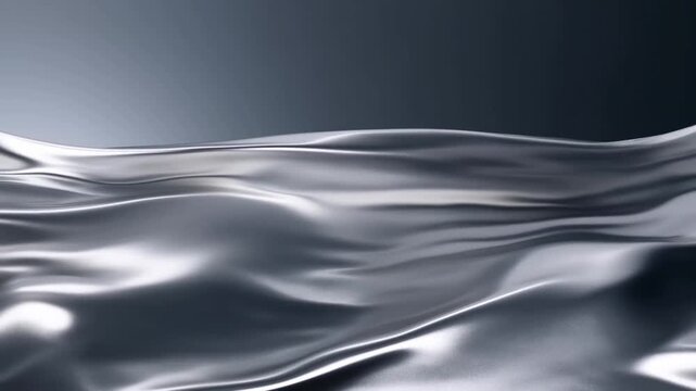 Slow motion tracking pan of liquid metal waves flowing and shimmering across reflective surface in controlled studio set with glossy silver highlights and undulating ripples under moody lighting