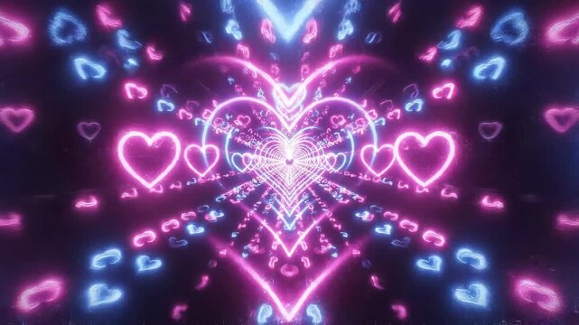Neon heart tunnel with pink and blue lights, abstract digital art