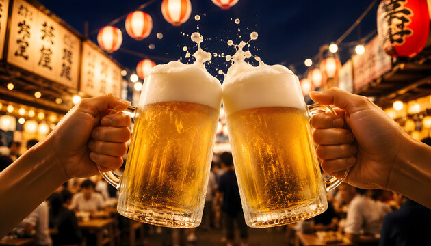 夏祭りの屋台街で乾杯する冷えた生ビール