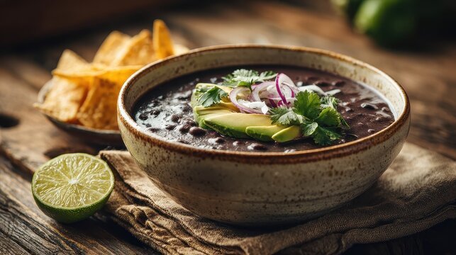 Hearty Latin American black bean stew topped with avocado and fresh herbs in a cozy kitchen