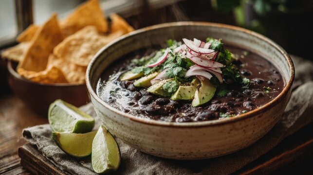 Comforting black bean soup with vibrant toppings on a warm wood table setting