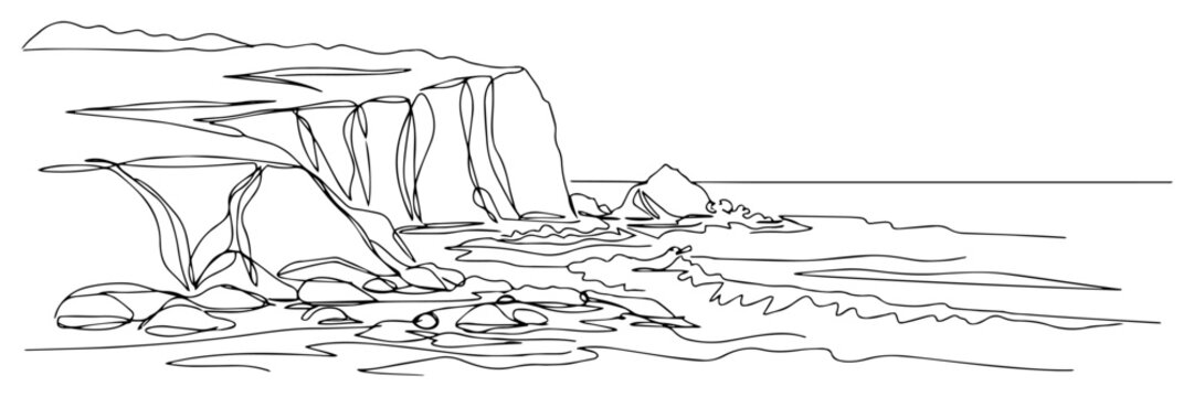 Coastal cliff and ocean waves continuous line drawing, sea landscape minimalist vector illustration, nature coast outline art