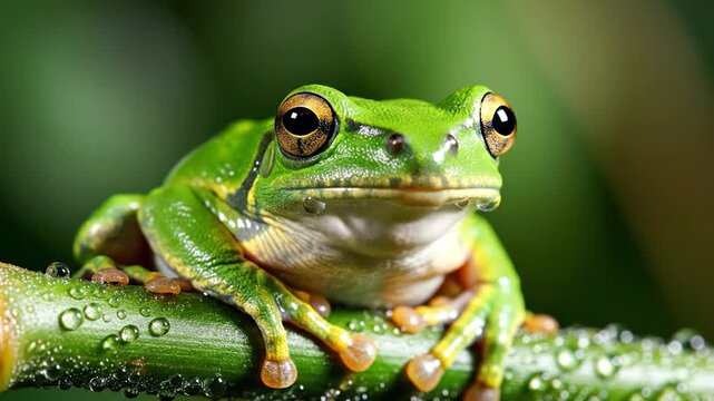 Vibrant green tree frog with orange eyes perched on a wet branch in a tropical rainforest