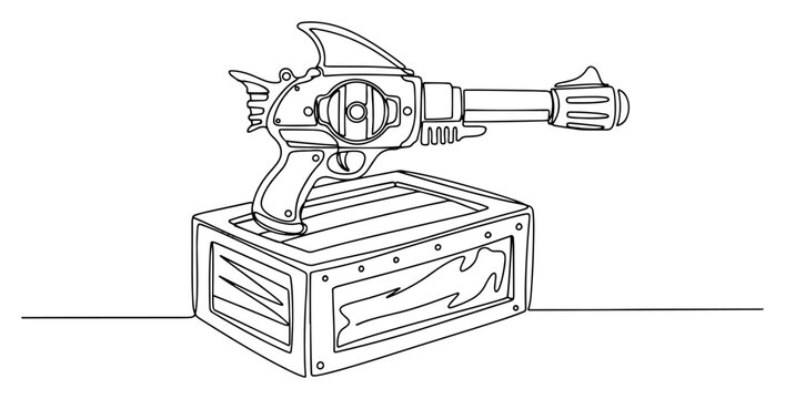Retro sci-fi ray gun on wooden crate continuous line drawing, futuristic laser weapon technology minimalist vector illustration