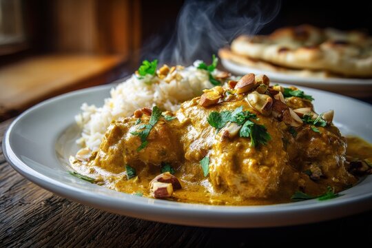Steaming chicken korma in rich cashew almond gravy, saffron hues and fresh herbs
