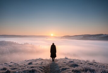 Fototapeta premium Person Standing Alone in Foggy Landscape at Sunrise