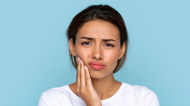 Upset young woman holding her cheek with tooth pain expression isolated on blue background, representing dental problems, oral healthcare, and sensitivity.