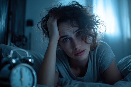 Sleepless woman awake in a dimly lit bedroom, exhausted and frustrated, with a bedside alarm clock signaling a restless night