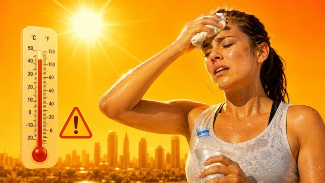 Distressed woman wipes sweat from her forehead while enduring extreme heat in a city during a severe heatwave.