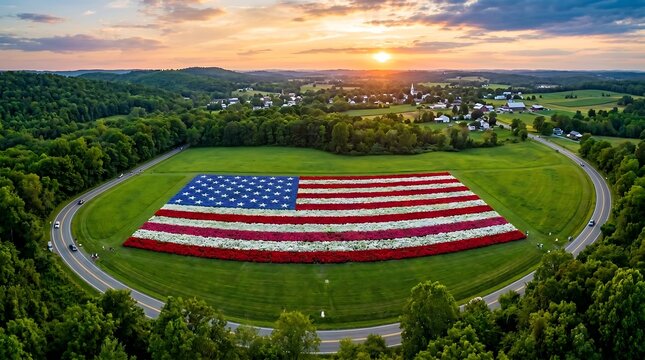 Patriotic American flag made of flowers in green field at sunset