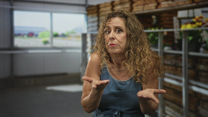 Fototapeta premium Woman in denim dress shrugs with palms up and open hands amid wooden crates and shelving in an indoor storage building; uncertainty.