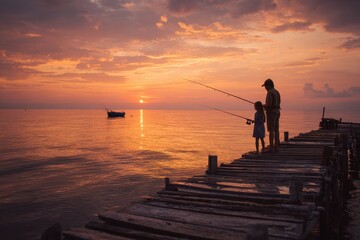 Fototapeta premium Father teaches his daughter to fish from a weathered wooden pier at sunset
