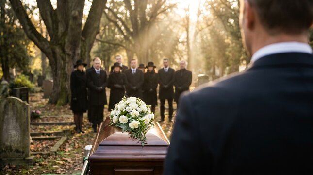 Groupe de proches et famille en deuil rassembl&eacute;s autour d'un cercueil lors d'une c&eacute;r&eacute;monie de fun&eacute;railles dans un cimeti&egrave;re. Concept de perte, d'adieu et d'hommage avec des rayons de soleil