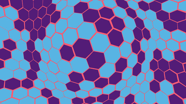 Abstract geometric background with a distorted hexagonal grid pattern in blue and cyan colors with pink outlines, creating a 3d optical illusion effect vector.
