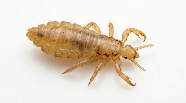 Close up macro photograph of a head louse insect isolated on a plain white background.