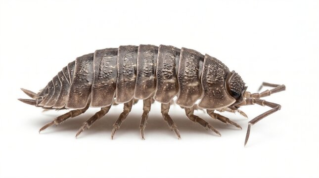 Close up macro shot of a woodlouse crawling on a plain white background.