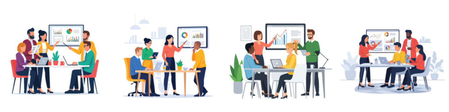Business team collaborating in a meeting, discussing strategies and analyzing charts on a whiteboard for growth and success