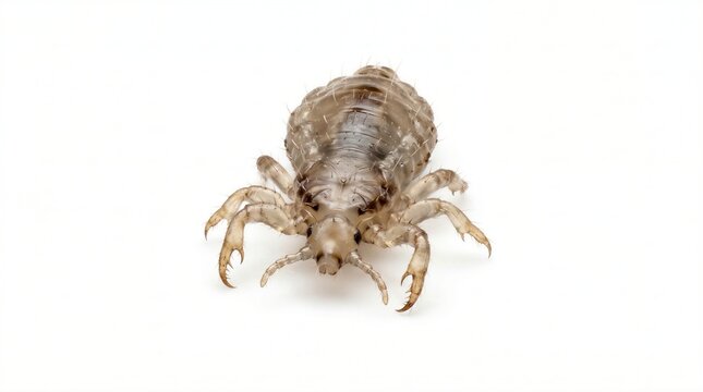Macro close-up photograph of a head louse parasite isolated on a white background showing detailed anatomy and claws.