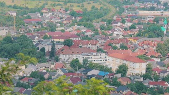 Aerial Panorama of Khust Town with Carpathian Mountains, Ukraine