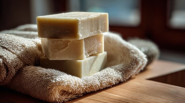 Minimalist still life of olive oil soap blocks beside a cream towel on wood