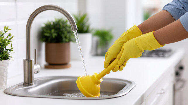 Yellow Latex-Gloved Hands Unclogging a Modern Kitchen Sink with a Plunger in a Clean White Environment