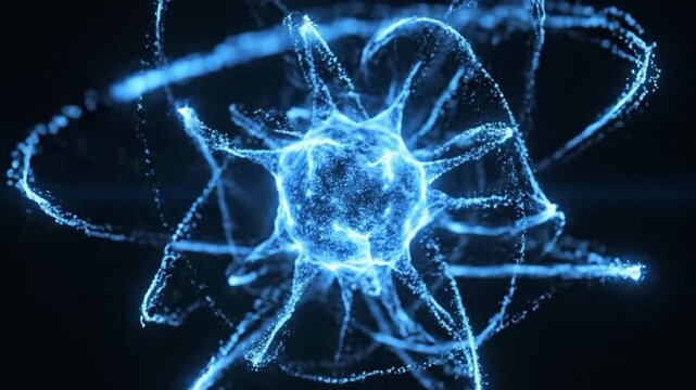 Blue glowing nucleus animation loop shows abstract energy and movement with light in continuous flow