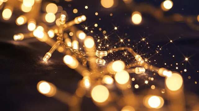 Warm golden fairy lights string on dark fabric with soft bokeh and sparkling stars background