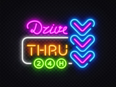 Dive Thru 24H neon sign with glowing arrows and colorful typography. Bright nightlife design for bar entrance, club decoration, entertainment venue and retro advertising.