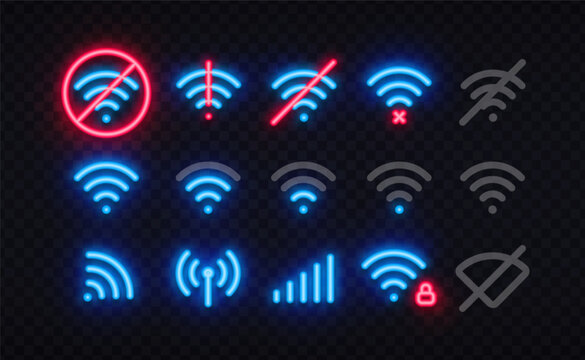 Neon wireless technology icons including Wi-Fi, antenna, signal bars, secure connection, and hidden network. Modern glowing symbols for connectivity and telecom design.