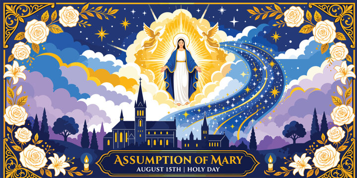 Assumption of Mary night banner with radiant Madonna above starry sky path, village church skyline, candles and white rose border, dramatic Catholic feast illustration for posters and backdrops