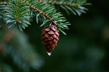 Obraz premium Close-up of a small, brown pinecone hanging from a green evergreen branch, with a water droplet