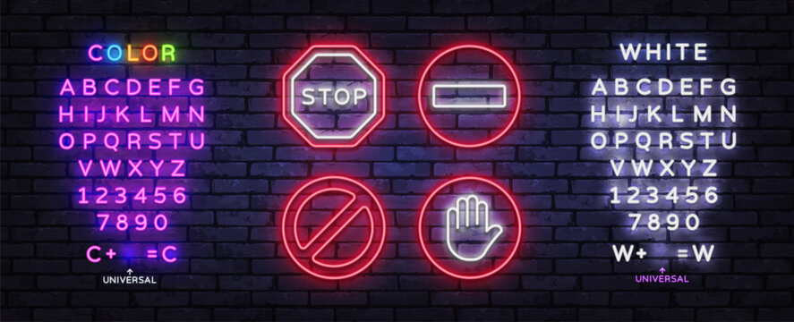 Neon restriction and stop symbols featuring stop sign, no entry, prohibited sign, and hand stop icon, combined with editable neon text for personalized messages and signage.