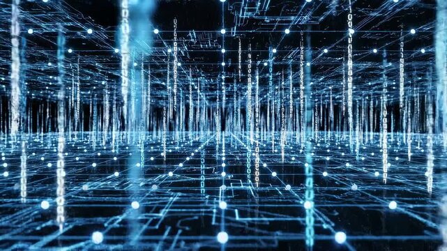 Abstract digital network with glowing nodes and binary code streams