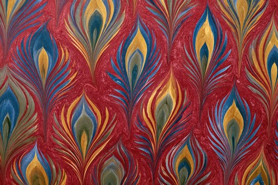 Intricate peacock feather pattern with swirling red background