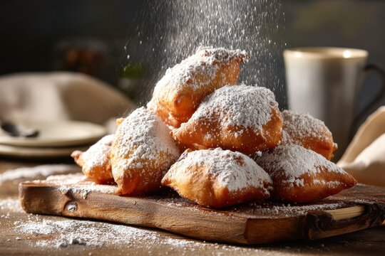 Warm beignets on a plate, soft interior, sugar topping, cozy breakfast scene
