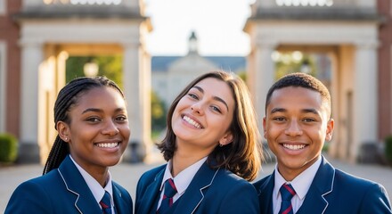 Fototapeta premium Student group in school uniforms smiling in front of educational institution. Enthusiastic students show camaraderie with joyful expressions outside school gates.