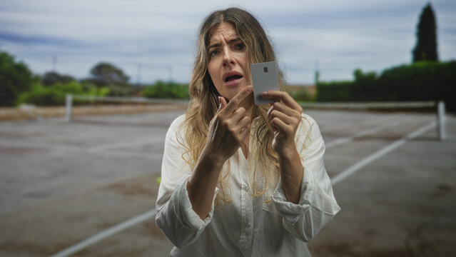 Woman holding creditcard, open palm gesture and distressed expression on street; frustration financial problem.