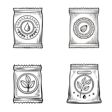 Set of four hand-drawn seed packets featuring botanical and droplet designs