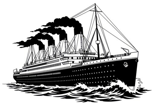 Large ocean liner sailing on wavy sea with smoke from stacks