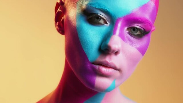 Slow pan closeup of female model with colorful geometric face paint turning head against yellow studio backdrop