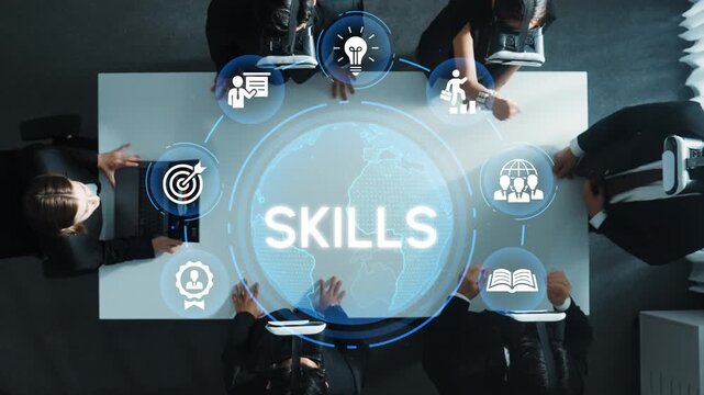 Business Team Collaboration Concept with Skills Development Visuals Overlaid on World Map in Modern Office Setting. Entropy.