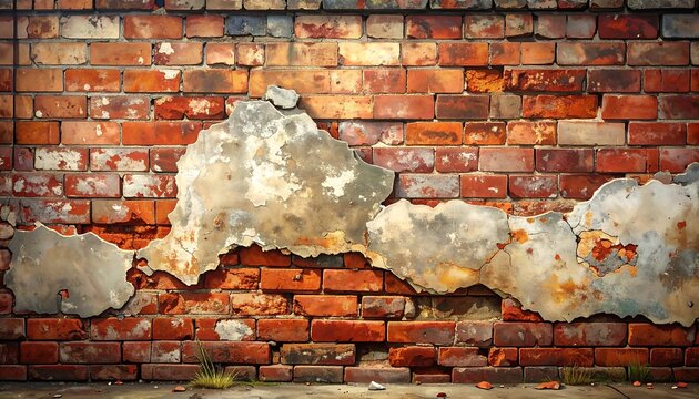 Close-up of a weathered brick wall with peeling plaster, showing exposed bricks. The wall's texture and color contrasts are evident