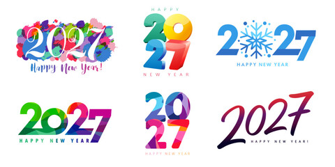 Fototapeta premium Big set of colored logos for art design Happy New Year 2027. Vector horizontal and vertical colorful numbers Happy New Year 2027. Calendar covers or greeting cards illustration