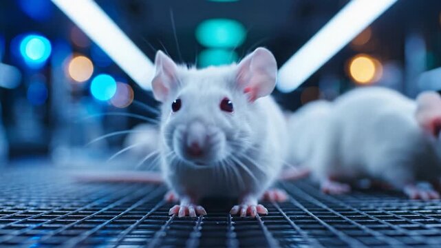White laboratory mice explore a futuristic science research facility with blue neon lighting
