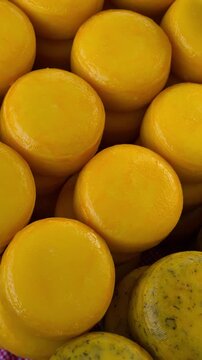 Various types of cheese on display at the Cheese Market (Kaasmarkt Alkmaar) on Waagplein Square, Alkmaar, Netherlands, May 15, 2026. High quality 4k footage