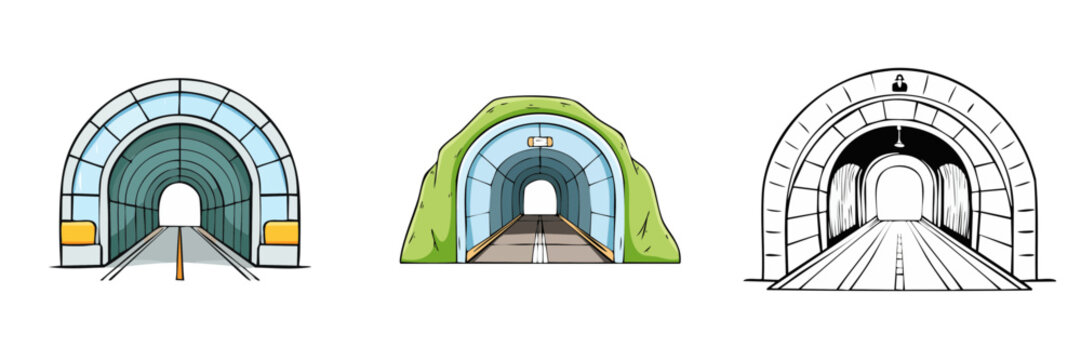 Set of three diverse tunnel entrances architectural designs with roads leading into darkness
